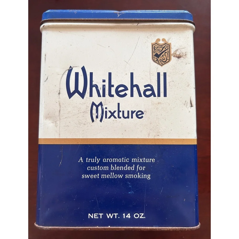 Whitehall Mixture Tobacco Tin Metal 14oz Blue White Vintage Americana MCM